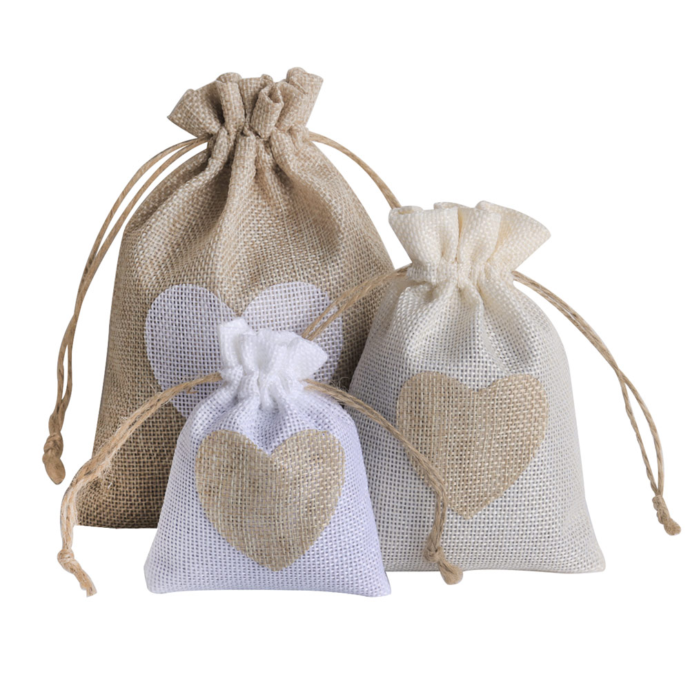Linen Bag Bulk - 5pcs/lot Heart Linen Jewelry Bag Drawstring